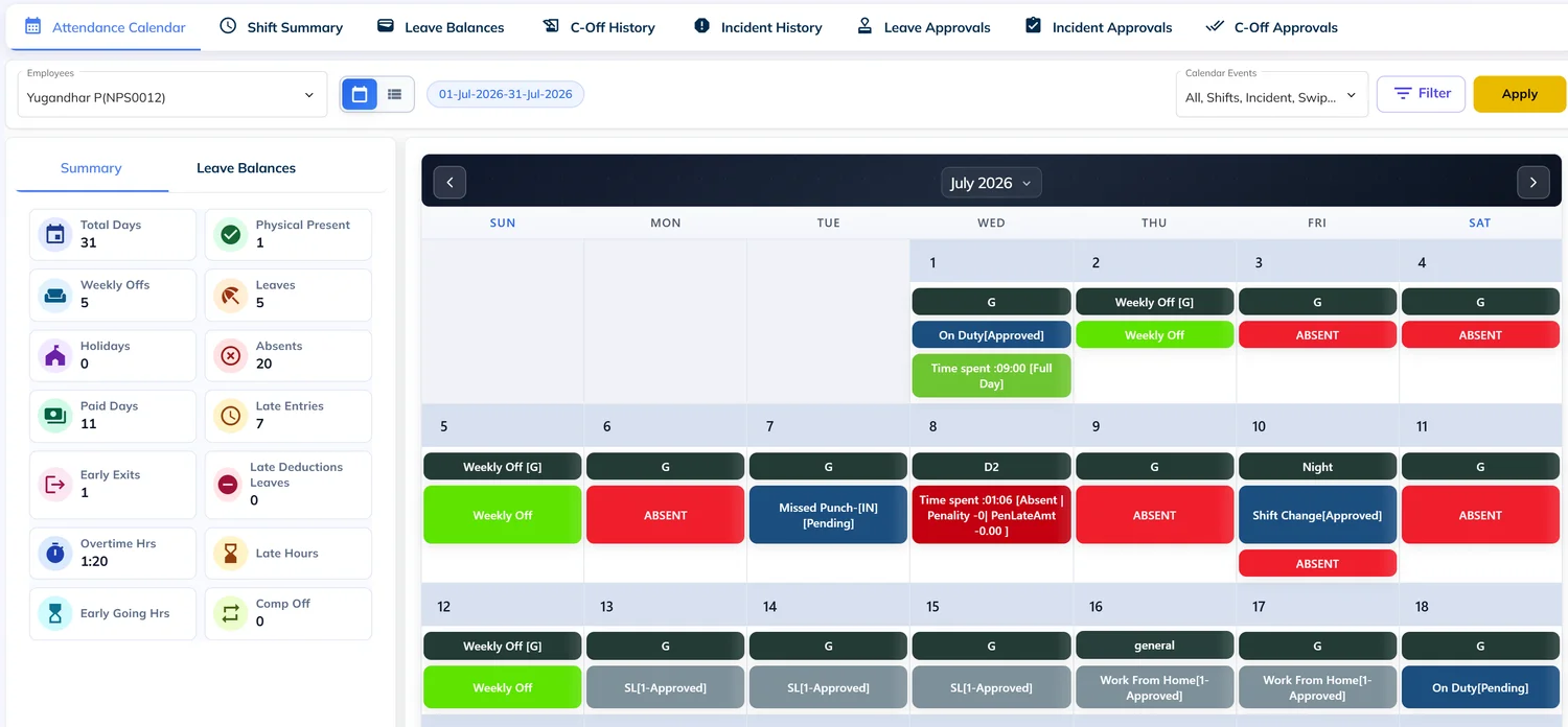 247HRM screen for Leave management